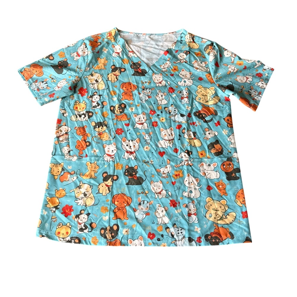Unbranded Teal Cartoon Animal Print Scrub Top V-Neck Short Sleeve Women's Medium
